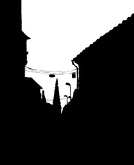 Narrow street of the old city. Vector drawing