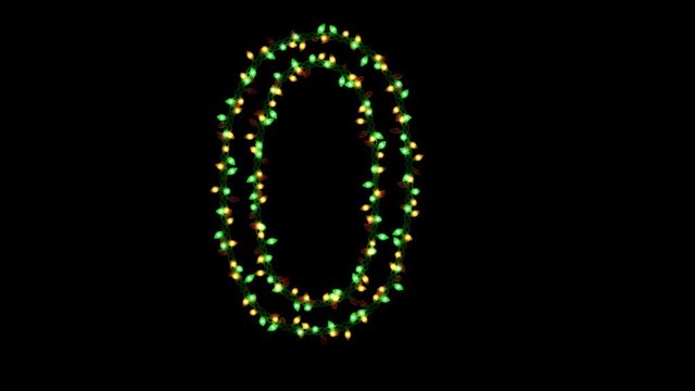 Blinking Christmas lights typeface with separate alpha channel, the character  0