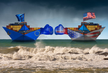 USA and EU trade war concept. Two cargo container ships with boxing gloves and the European Union...