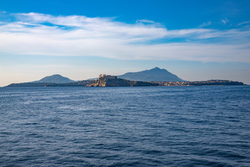 Campi Flegrei, Naples, Campania, Italy: The islands of Procida in the foreground and Ischia in the...