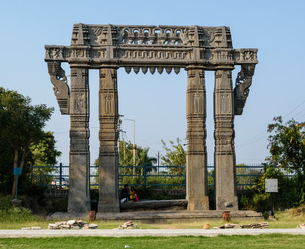 Warangal, Telangana, India - March 2019: An ancient, beautifully carved Torana gateway built in the 11th century by the Kakatiya Dynasty inside the Warangal Fort.
