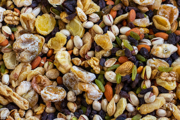 Mix of different delicious nuts and raisins background. Close up.