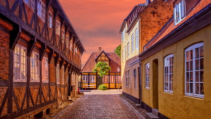 Street and houses in Ribe town, Denmark