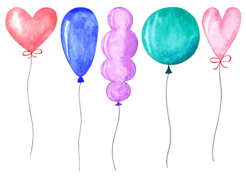 Watercolor set of balloons. Located on a white background. For creating design elements on the theme of a holiday, parties, birthday, children's themes