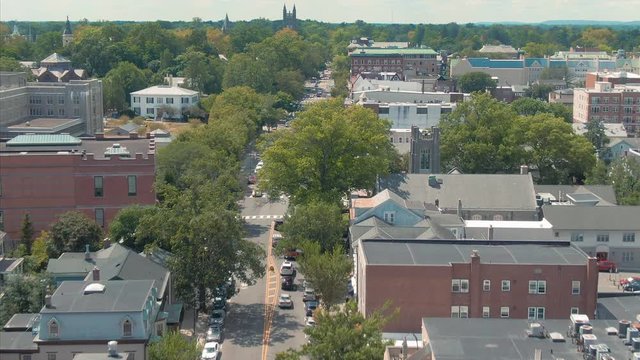 Aerial: Establishing shot of the town of Princeton, home of Princeton University. New Jersey, USA