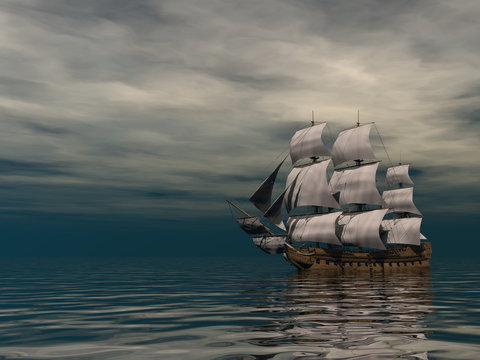 Old merchant ship on the ocean - 3D render