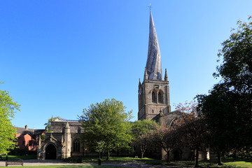 The Crooked Spire of St Mary and All saints Church, Chesterfield market town, Derbyshire England UK