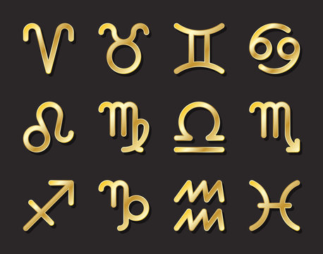 Zodiac twelve astrology gold sign vector icon set