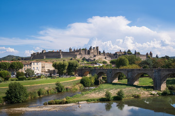 Fototapeta na wymiar Carcassonne citadel and river, view of la cite and pont vieux