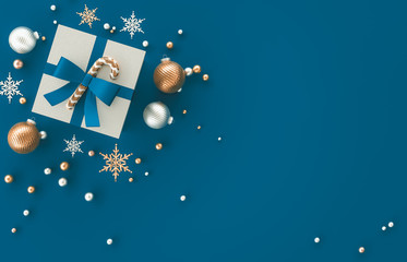 Christmas 3d decoration composition with Gifts, Christmas ball, snowflake on blue background. Christmas, winter, new year concept. Flat lay, top view, copy space.