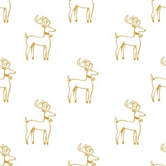 White seamless pattern with golden Christmas deer.  Vector graphic illustration for Merry Christmas and Happy New Year.