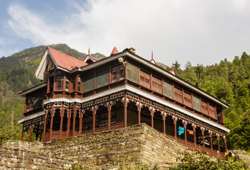 A beautiful old house built in traditional architecture in the Himalayan village of Sarahan in India.