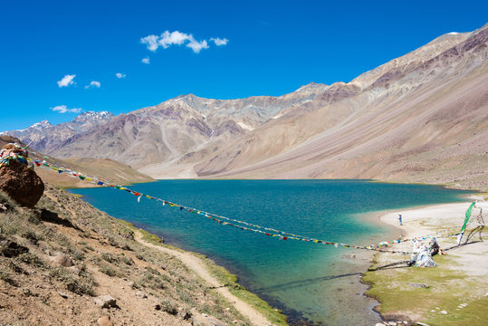 Himachal Pradesh, India - Sep 04 2019 - Chandra Taal (Moon Lake) in Lahaul and Spiti, Himachal Pradesh, India. It is part of Ramsar Convention - Chandertal Wetland.