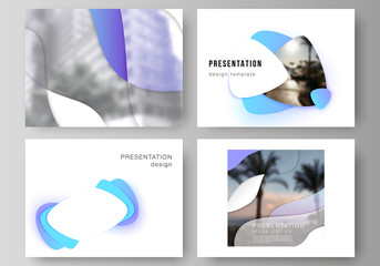The minimalistic abstract vector illustration of the editable layout of the presentation slides design business templates. Blue color gradient abstract dynamic shapes, colorful geometric template