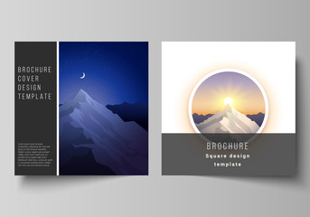 The minimal vector layout of two square format covers design templates for brochure, flyer, magazine. Mountain illustration, outdoor adventure. Travel concept background. Flat design vector.