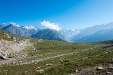 Fototapeta na wymiar Himachal Pradesh, India - Sep 11 2019 - Rohtang La (Rohtang Pass) in Manali, Himachal Pradesh, India. Rohtang La is situated at an altitude of around 3978m (13051 ft) above the sea level.