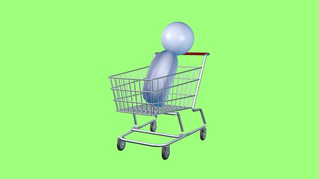 Virtual human sign and grocery cart as a symbol of trade. Animation of the sale and purchase of people. Green screen isolated. Animation 3d icons. Business and commerce industry.