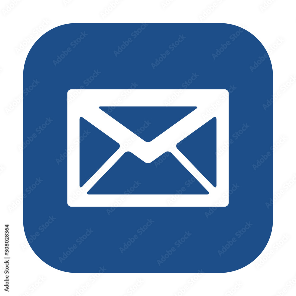 Poster blue rounded square envelope icon, button on a white background