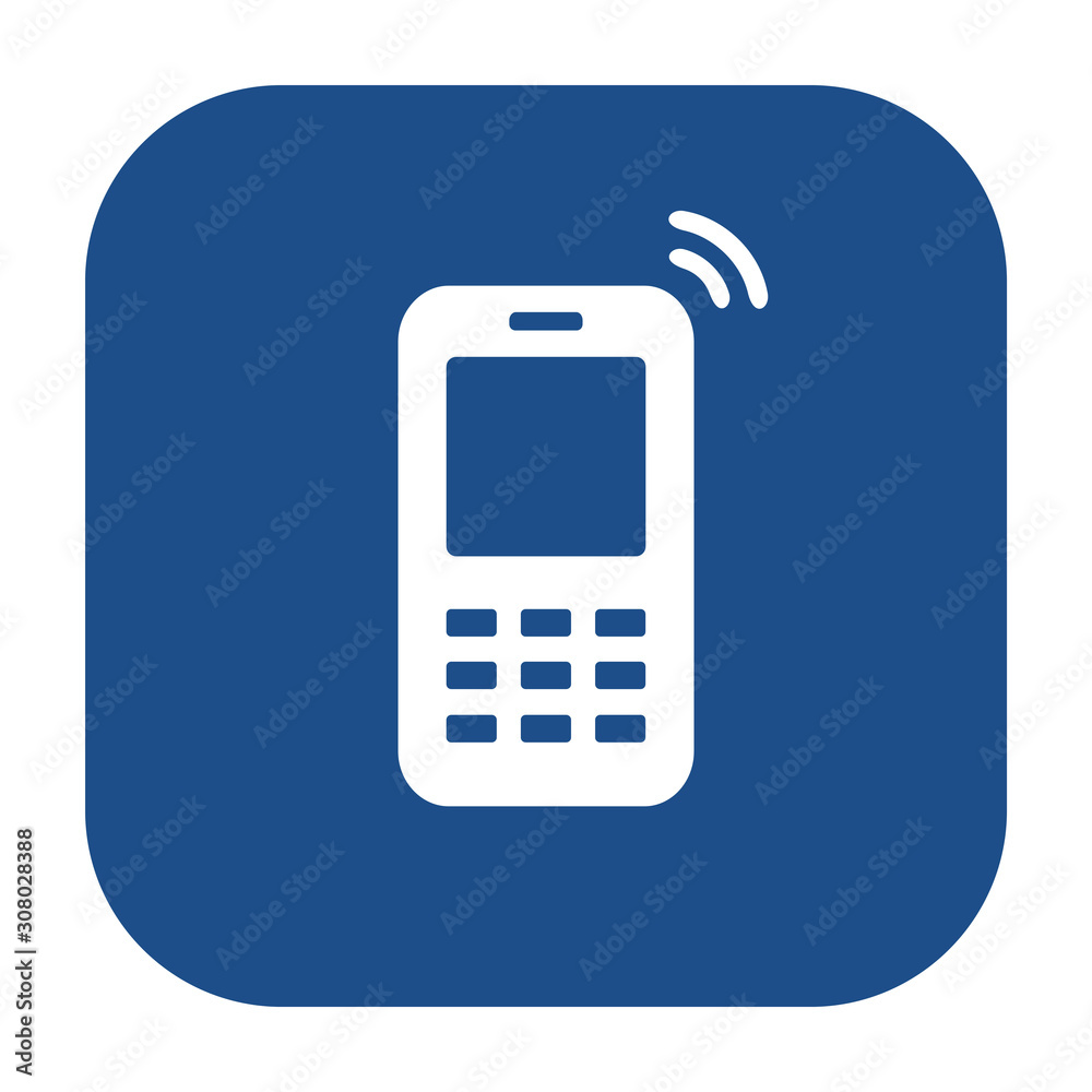 Poster blue rounded square mobile phone icon, button on a white background
