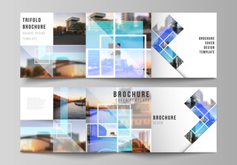 The minimal vector editable layout of square format covers design templates for trifold brochure, flyer, magazine. Creative trendy style mockups, blue color trendy design backgrounds.