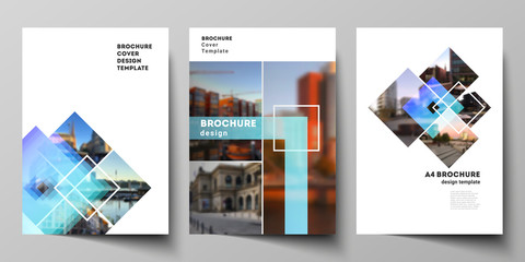 The vector layout of A4 format modern cover mockups design templates for brochure, magazine, flyer, booklet, annual report. Creative trendy style mockups, blue color trendy design backgrounds.