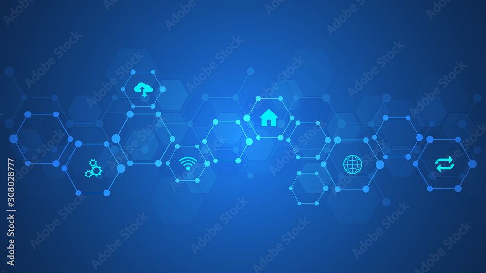 Poster Technology background with flat icons and symbols. Concept and idea for internet of things, communication, network, innovation technology, system integration. Vector illustration.