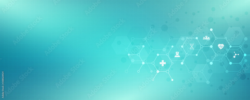 Poster Abstract medical background with flat icons and symbols. Template design with concept and idea for healthcare technology, innovation medicine, health, science and research.