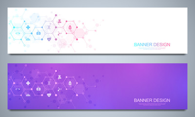 Banners design template for healthcare and medical decoration with flat icons and symbols. Science, medicine and innovation technology concept.