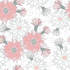 Vector white pink cactus flower seamless pattern print background.