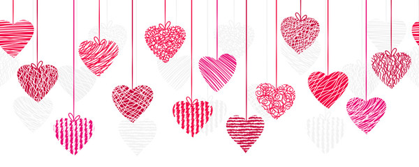 Cute hand drawn doodle hearts horizontal seamless pattern, romantic background, great for textiles, valentines day wrapping, banner, wallpaper - vector design