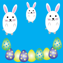 Cute Easter card with colorful Easter eggs and on blue background