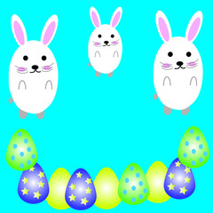 Cute Easter card with colorful Easter eggs and on blue background