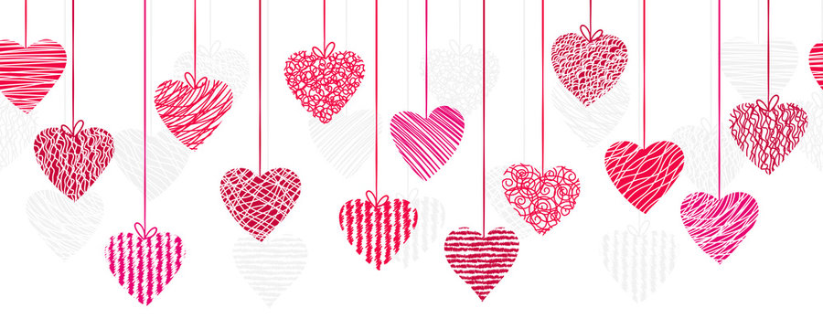 Fototapeta Cute hand drawn doodle hearts horizontal seamless pattern, romantic background, great for textiles, valentines day wrapping, banner, wallpaper - vector design