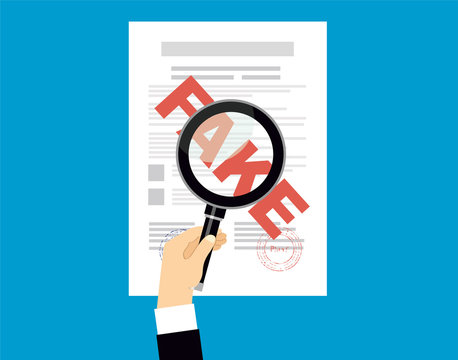 Fake contract with magnifying glass vector illustration