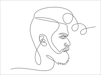 Continuous one line drawing of man hipster portrait. Hairstyle of a beard mustache bangs. Fashionable men's style.
