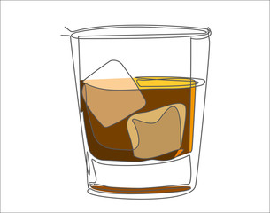 Whiskey in glass with ice continuous one line drawing minimalism design isolated on white background
