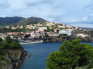 Landscape of the city and the harbor in Cerbere, France