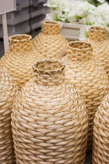 Rattan woven basket handmade. Decorative element. Rustic style.
