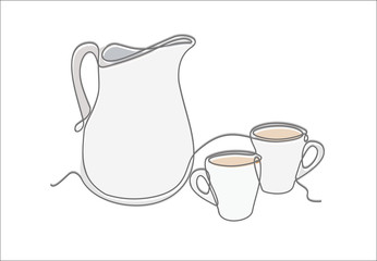 Milk and cup of coffee continuous one line drawing minimalism design isolated on white background