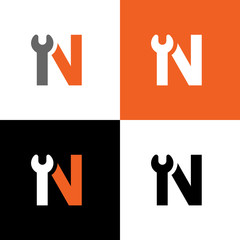 Initial N letter with wrench tool, repair and maintenance service logo design - Vector