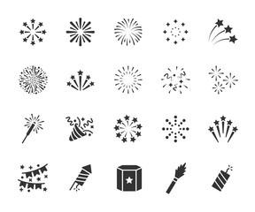 Vector set of firework flat icons. Contains icons of firecracker, sparkler, salute, petard, firework box and more. Pixel perfect, scalable 24, 48, 96 pixels. - obrazy, fototapety, plakaty