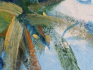 Detail from oil painting of palm trees by a shack, plein air