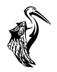 Fototapeta premium pelican bird with beautiful wing side view head black and white vector outline