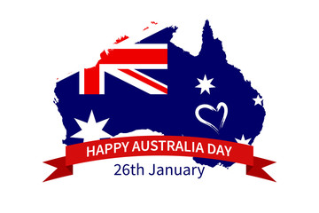 Obraz na płótnie Canvas Happy Australia day 26 January. Map of Australia with flag on a white background. Greeting card, poster, banner concept. 