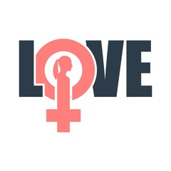 Female sign icon in love word. Silhouette of woman head