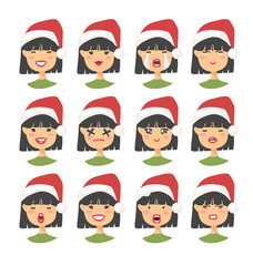 Set of drawing emotional asian character with Christmas hat. Cartoon style emotion icon. Flat illustration girl avatar with different facial expressions. Hand drawn vector emoticon women faces