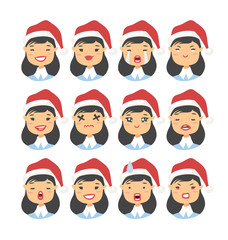 Set of drawing emotional asian character with Christmas hat. Cartoon style emotion icon. Flat illustration girl avatar with different facial expressions. Hand drawn vector emoticon women faces