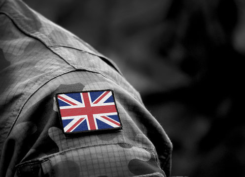 Flag Of United Kingdom On Military Uniform. UK Army. British Armed Forces, Soldiers. Collage.