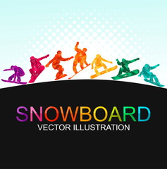 Snowboard, snowboarders, snowboarding extreme winter sport people silhouettes vector illustration, riding a board, tricks	