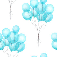 Hand drawn seamless pattern with watercolor blue balloons. Watercolor illustration. It can be used for wallpaper, fabric design, textile design, cover, wrapping paper, banner, card, background,